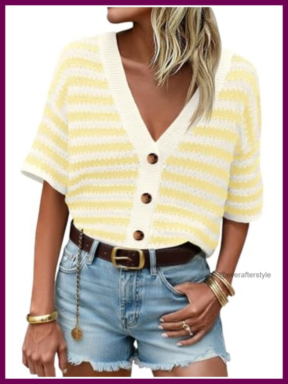 Striped Short Sleeve Crochet Knit Button Up Cardigan Sweater Loose Fit V Neck